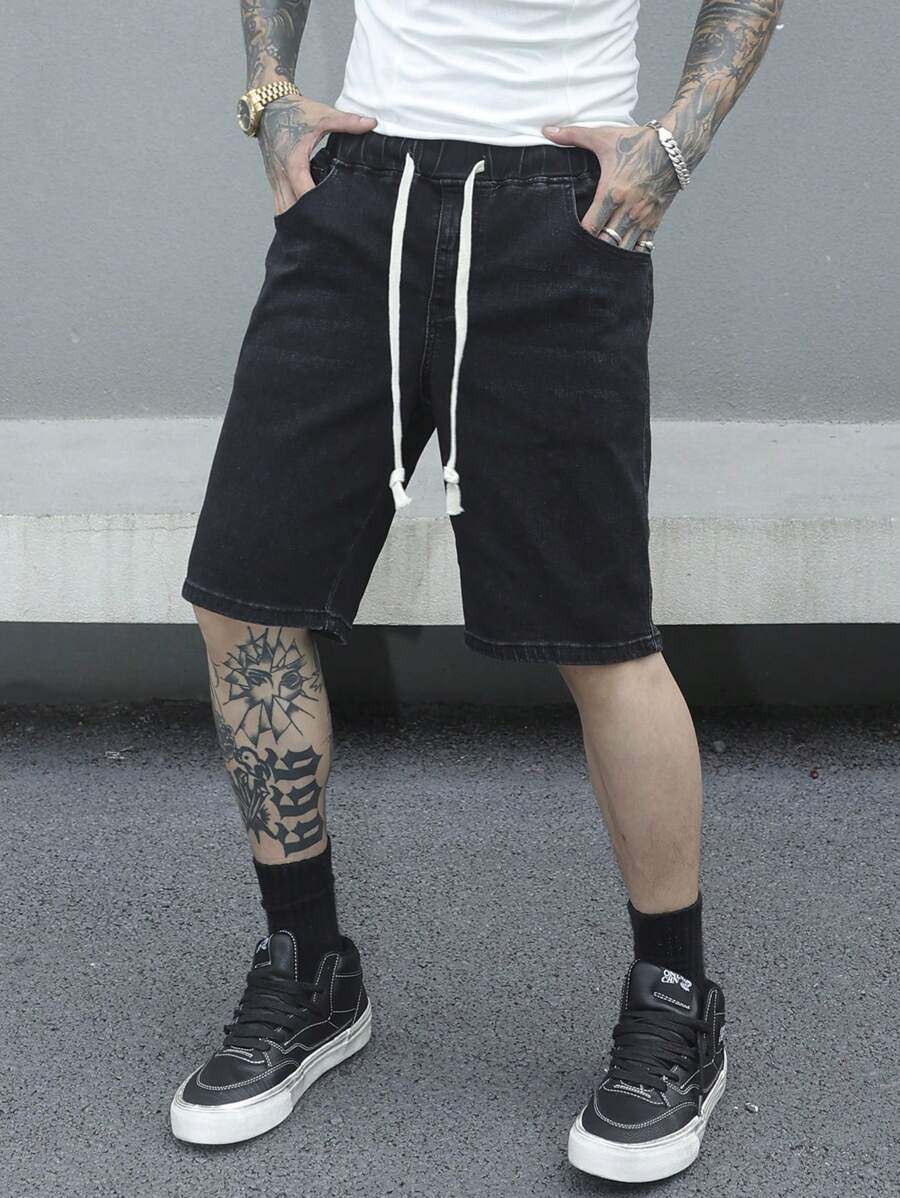 Manfinity EMRG Men's Drawstring Waist Flap Pockets Bermuda Casual Denim Shorts - Black - View 1