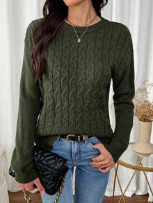 SHEIN LUNE Suéter verde militar de cuello redondo de manga larga minimalista de unicolor para mujeres - Verde militar - Ver 3