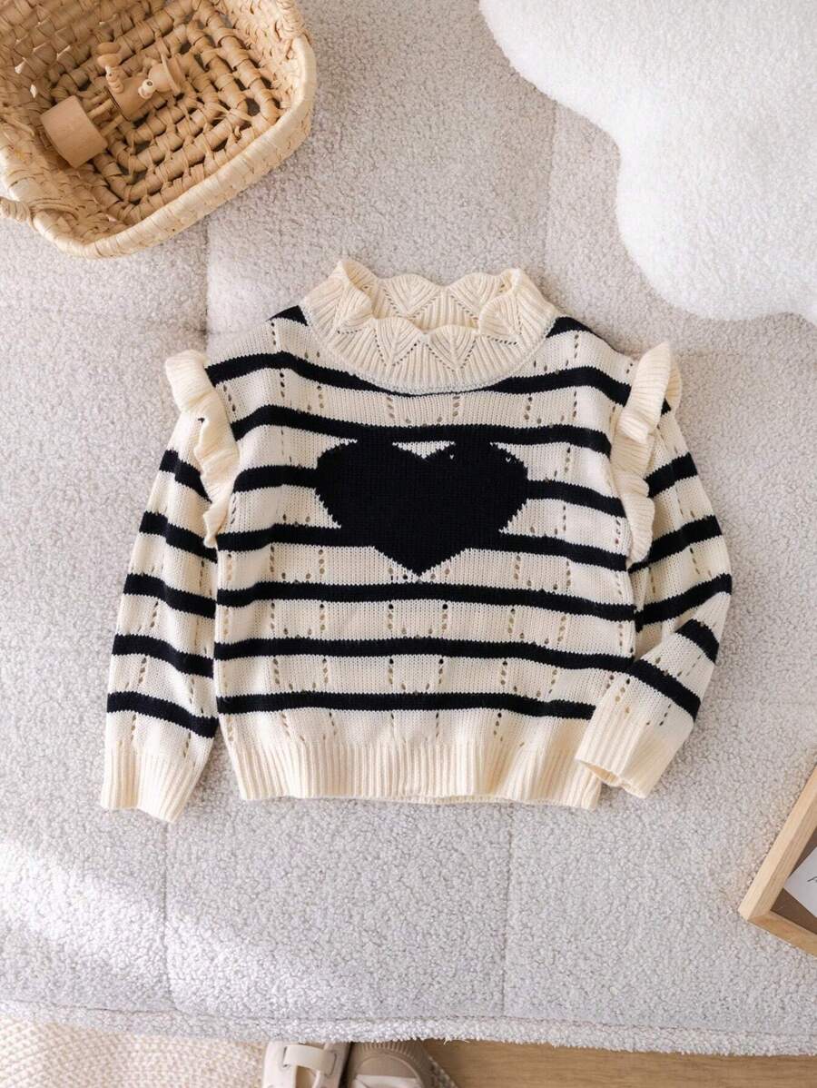 SHEIN Young Girl Stand Collar Striped Ruffle Heart Pattern Casual Knitted Sweater - Black and White - View 1