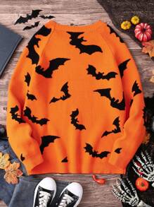 SHEIN LUNE Plus Size Casual Orange Black Bat Print Long Sleeve Halloween Sweater, Halloween Halloween Women Costumes Halloween Costume Plus Halloween Plus Halloween Tops In Fall/Winter - Orange - View 2