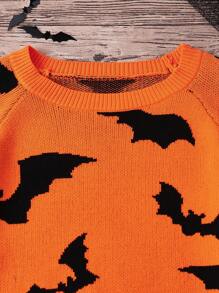 SHEIN LUNE Plus Size Casual Orange Black Bat Print Long Sleeve Halloween Sweater, Halloween Halloween Women Costumes Halloween Costume Plus Halloween Plus Halloween Tops In Fall/Winter - Orange - View 6