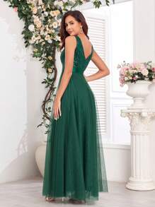 春夏V领无袖刺绣网纱A字型正式伴娘礼服、优雅派对礼服、正式婚礼宾客礼服、毕业典礼礼服、晚礼服 - 墨綠色 - 查看 3