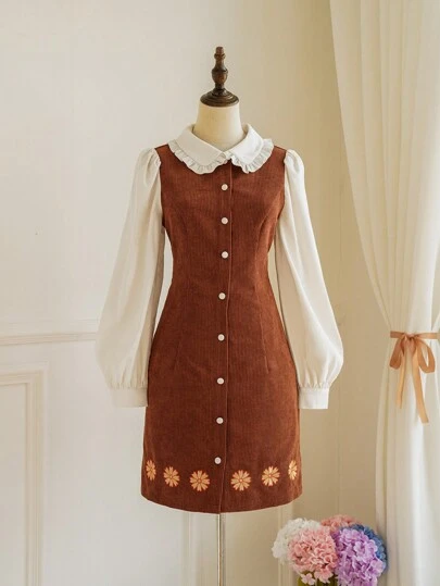 Vintamour 复古优雅女式拼色刺绣衬衫裙，翻领长袖，合身喇叭形设计，适合夏秋季节