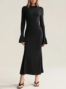 SHEIN Unity Đầm dài tay có cổ đứng hở lưng dành cho nữ - màu đen - Xem 4