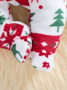 SHEIN Baby Girl Christmas Themed Plush Long Sleeve Footed Jumpsuit Home Outfit Set