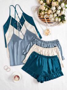 SilkySpell 3pcs Solid Color Silky Imitated Silk Backless Sexy Cami Top & Shorts Sleepwear Set - Multicolor - View 6