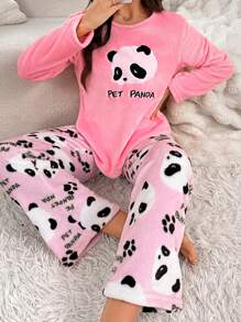 Conjunto de pijama de mujer con top de manga larga y pantalones largos con diseño lindo de panda - Rosa - Ver 1
