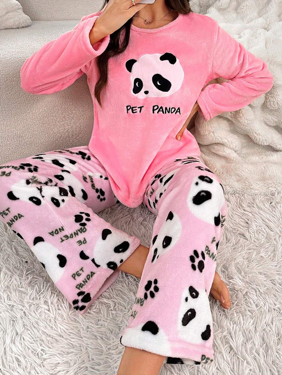 Conjunto de pijama de mujer con top de manga larga y pantalones largos con diseño lindo de panda - Rosa - Ver 1