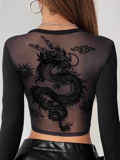 SHEIN X YERIMUA SHEIN ICON Solid Color Long Sleeve Chinese Dragon Net Mesh Backless Y2K Going Out Fall Graphics Woman Black T-Shirt