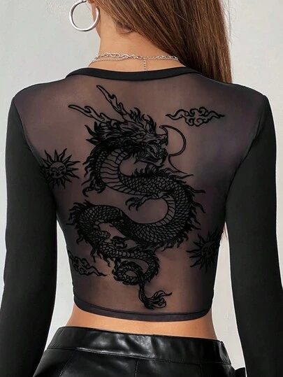 SHEIN ICON Enfärgad långärmad kinesisk drake Nätnät Rygglös Y2K Going Out Höst Grafik Kvinna Svart T-shirt
