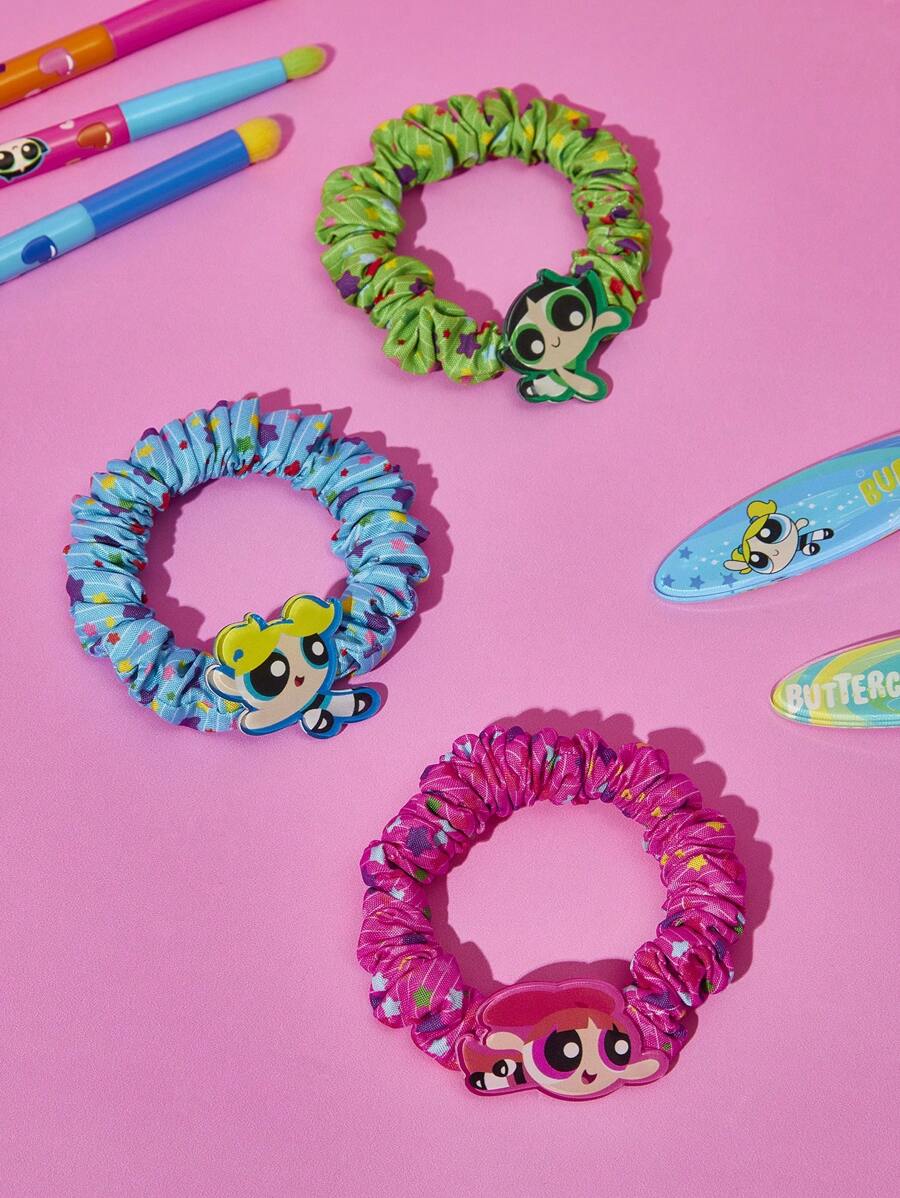 THE POWERPUFF GIRLS X SHEIN 3 件装卡通印花耐用发圈，适合日常佩戴，可扎马尾辫，Y 2 K - 彩色 - 查看 1