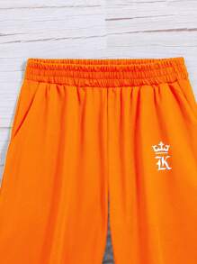 SHEIN 2 件青少年男童圆领短袖 T 恤和短裤套装 - 橘色 - 查看 5