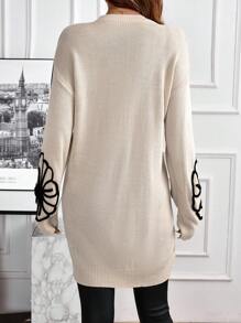 EMERY ROSE Women's Embroidered Long Sleeve Crew Neck Knitted Sweater Dress - Apricot - View 2