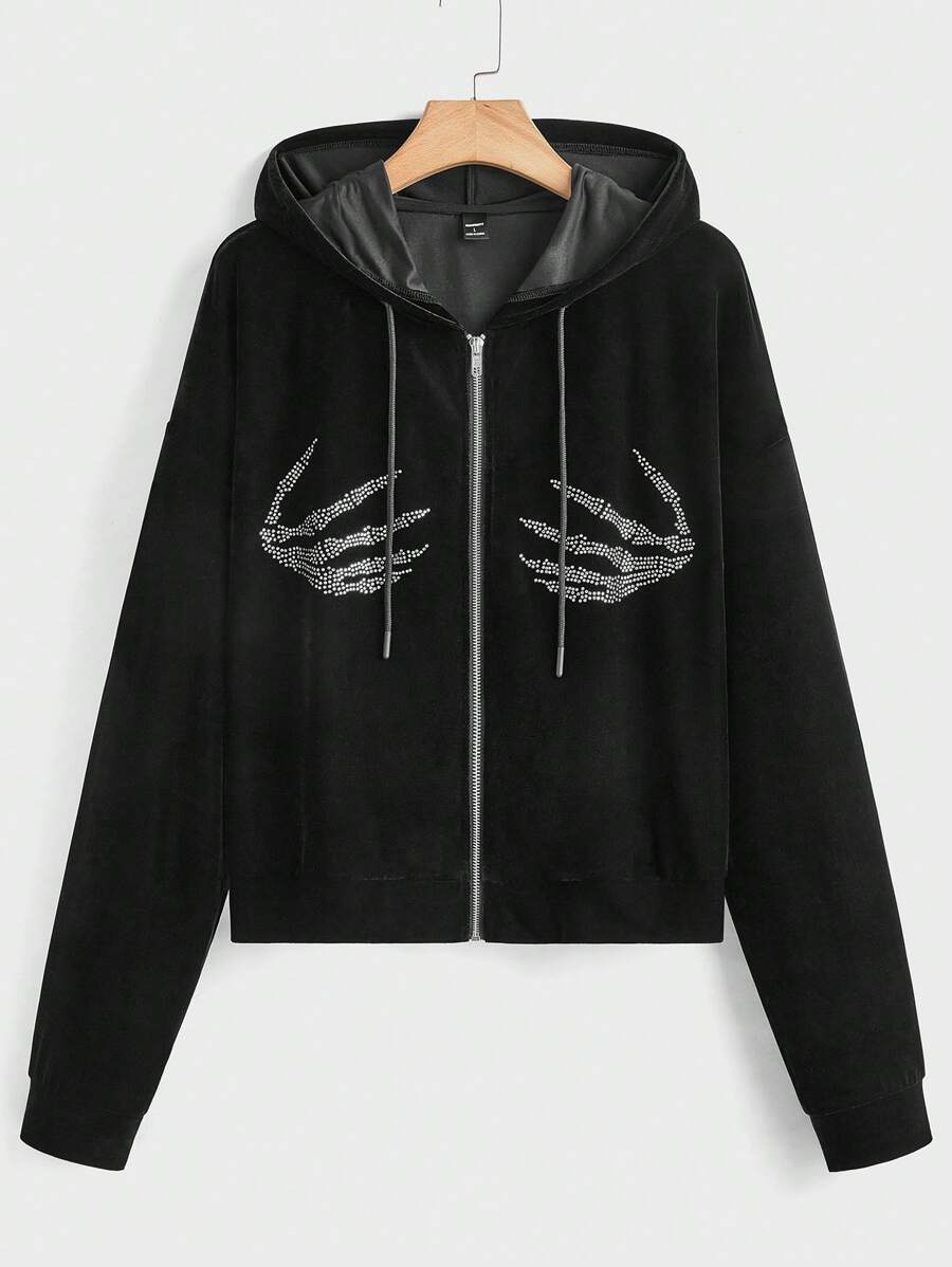 Manfinity VCAY Men's Fitted Short Length Rhinestone Embellished Casual Zip-Up Hoodie Sweatshirt, For Fall Winter - Black - View 1