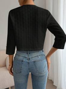 SHEIN Essnce 女士休闲时尚复古风格纯色前开短款七分袖夹克女式工作夹克教师服装教师夹克秋季女装商务女装 - 黑色 - 查看 2