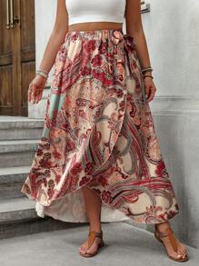 SHEIN LUNE Plus Size Asymmetrical Hem All-Over Print Fashionable Soft & Elegant A-Line Skirt - Apricot - View 4