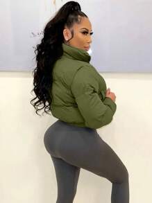 女士欧美风短款立领拉链保暖外套，休闲冬季款 - 軍綠色 - 查看 2