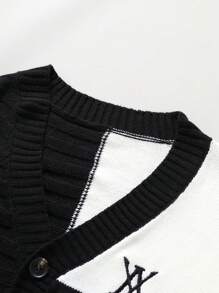 Manfinity Hypemode 男士针织简约日常开衫，撞色拼接，落肩设计，厚实保暖，休闲都市风，适合返校季穿着，送给丈夫、男友的礼物，秋冬季长袖上衣 - 黑與白 - 查看 7