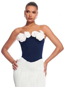 SHEIN BAE Glamorous Ladies Floral 3D Embellished Contrast Color Bandeau Top - Navy Blue - View 4