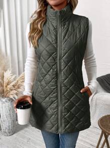 SHEIN Clasi Plus Size Casual Solid Color Zip-Up Quilted Padded Vest Coat, Autumn/Winter - Dark Green - View 4