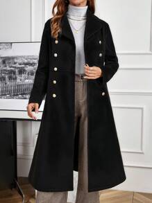 EMERY ROSE Women's Woolen Long Sleeve Shirt With Button Decoration, Solid Minimalist Style - Black - View 5