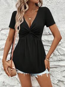 SHEIN Clasi Women's Front Twist Ruched V-Neck Short Sleeve T-Shirt, Summer Tee