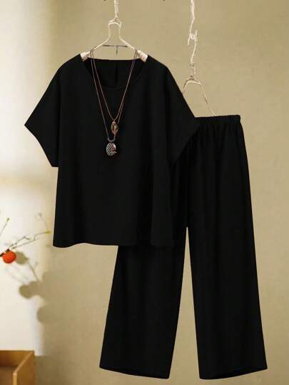 2pcs Plus Size Women's Summer Solid Color Round Neck Batwing Sleeve Top And Wide Leg Pants Casual Suit