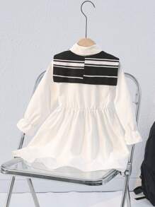 SHEIN 1pc Girl's Casual Lulu Style White Shirt Dress With Black & White Striped Cape,Sweet Back-To-School Family Matching Sets For Autumn,Sunny Dress - White - View 2