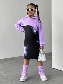 2 件套女童休闲搭配字母印花连帽运动衫和蝴蝶图案 A 字裙，适合日常穿着 - 粉色 - 查看 5