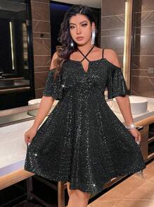 Abito da festa con spalle scoperte e glitter per taglie comode - nero - Visualizzare 7