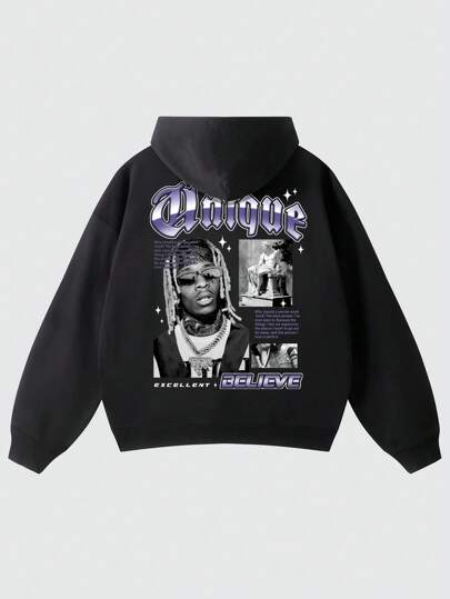 Street Life Men's Hip-Hop Character Print Hooded Sweatshirt, Vintage Style