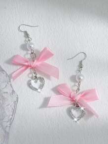 ROMWE Kawaii 1pair Cute Pink Bow Heart Earrings For Women, Daily Wear Valentines,Mom,Mother,Mother's Day,Gift - Multicolor - View 3