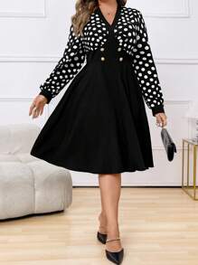 Celure Plus Size V-Neck Contrast Color Polka Dot Patchwork Waist Cinched Printed Metal Button Decor Dress