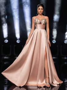 Glamrae Women's Elegant Luxurious Sexy Handmade Beaded Patchwork Satin Pleated High-Low Ruffle Hem Evening Gown, Formal Prom Dress, For Wedding Guest, Graduation, Dinner - Apricot - View 1