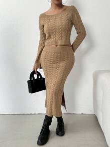 Chiquease 女士纯色简约长袖毛衣和裙子两件套 - 卡其色 - 查看 4