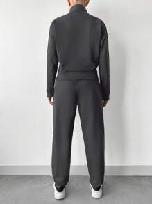 EURMUSE Women's Zipper Half Placket Sweatshirt And Pants Set - Dark Grey - View 2