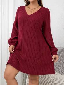 SHEIN Clasi Plus Size Women Wine Red Wide Ribbed Short Dress - Burgundy - View 6
