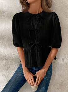 SHEIN Clasi Women's Summer Tie Front Cropped Blouse With Ruffle Hem And Puff Sleeves, Peter Pan Collar,Long Sleeve Tops