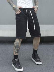 Manfinity EMRG Men's Drawstring Waist Flap Pockets Bermuda Casual Denim Shorts - Black - View 4