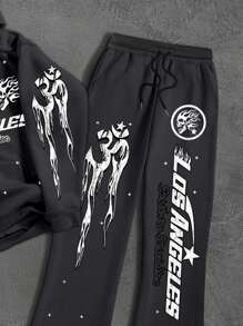 Manfinity Roghcode Men's Simple Print Hoodie & Pants 2 Pieces Set, Men 2 Piece Set Sweats, Men 2 Piece Set Graphic, Men Streetwear Sets - Dark Grey - View 5