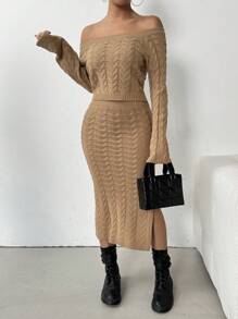 Chiquease 女士纯色简约长袖毛衣和裙子两件套 - 卡其色 - 查看 5
