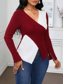 SHEIN Lady Autumn And Winter Work White & Deep Red Knitted Deep V Neck Long Sleeve Women Sweaters