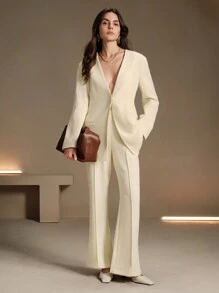 Anewsta New Style Fashion Single-Breasted Collarless Slit Tie Waist Slim Jacket Suit - Apricot - View 8