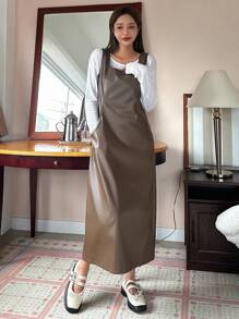 DAZY 女士无袖纯色连衣裙，简约休闲 - 棕色 - 查看 5