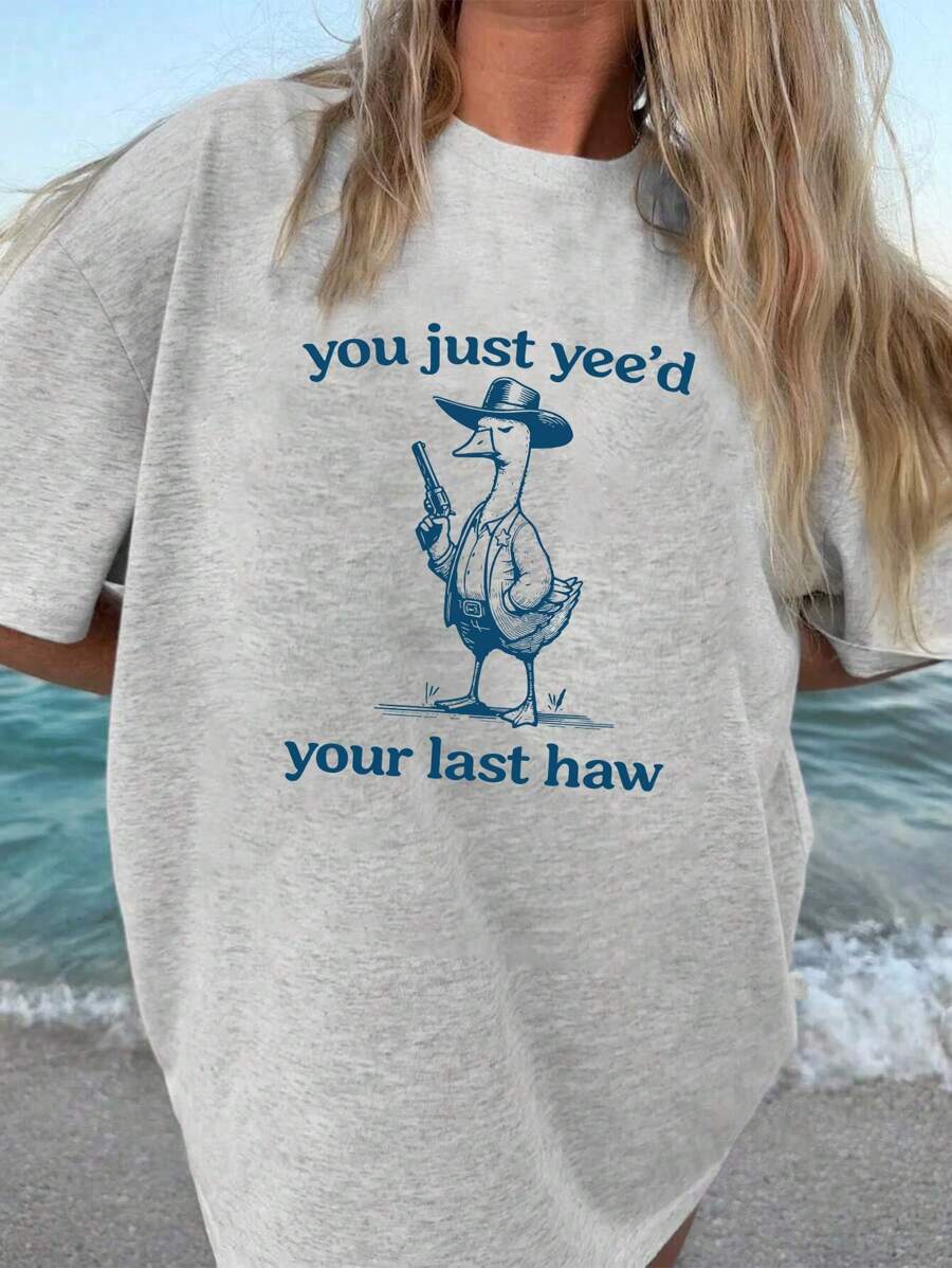 INAWLY Áo thun họa tiết logo Silly Goose rộng rãi phong cách cổ điển dành cho nữ, Áo thun họa tiết mùa hè dành cho nữ - Màu Xám nhạt - Xem 1