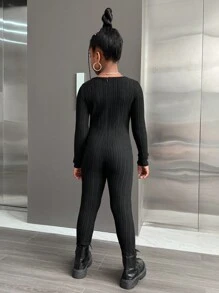 SHEIN 少女休閒純色方領長袖修身連身褲 - 黑色 - 查看 2