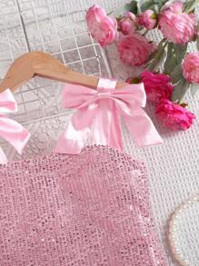 SHEIN Tween Girls Elegant Net Pearls Embroidery Spaghetti Strap Fitted Dress - Pink - View 3