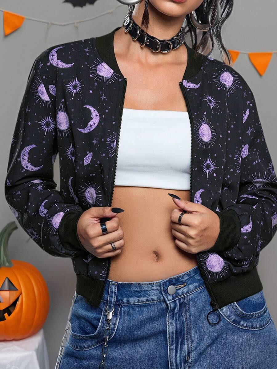 Ayrana Barboza Áo khoác bóng chày Halloween Dark Moons And Stars dành cho nữ, màu đen, áo khoác nữ, cho ngày lễ, kỳ nghỉ, đi chơi, lễ hội, phù hợp với Ibiza - màu đen - Xem 1