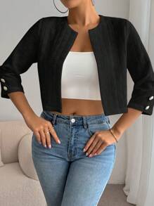 SHEIN Essnce 女士休闲时尚复古风格纯色前开短款七分袖夹克女式工作夹克教师服装教师夹克秋季女装商务女装 - 黑色 - 查看 5