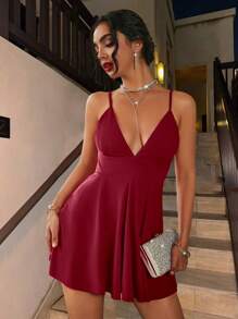 Allurite 女士露背性感深 V 吊带 A 字裙酒红色迷你短款女装 - 酒紅色 - 查看 2